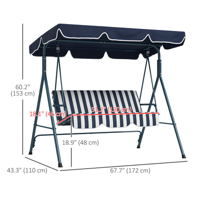 3-Seater Outdoor Porch Swing with Adjustable Canopy, Patio Swing Chair for Garden, Poolside, Backyard, Blue and White