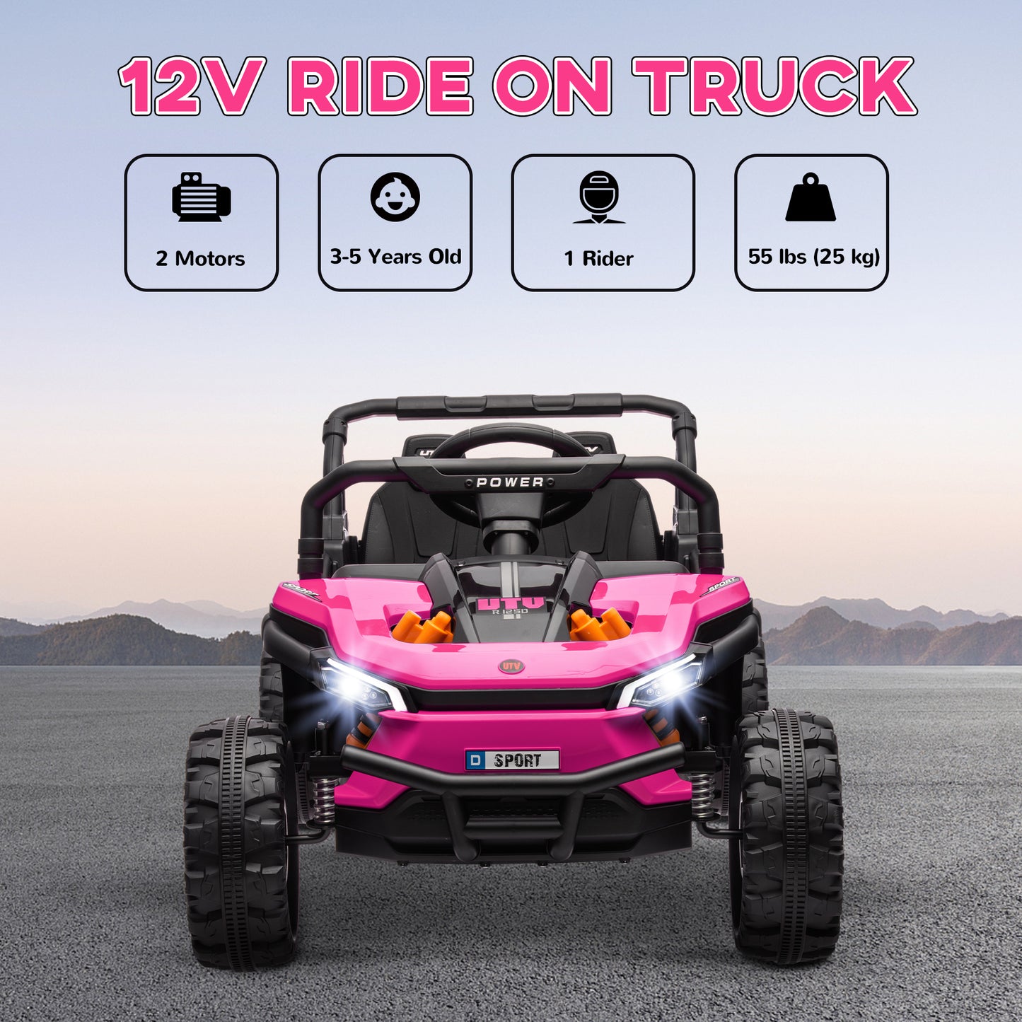 12V Kids Ride On Car, Toy Truck with Remote Control, Spring Suspension, LED Headlights, 3 Speeds, Pink Kids Crystal