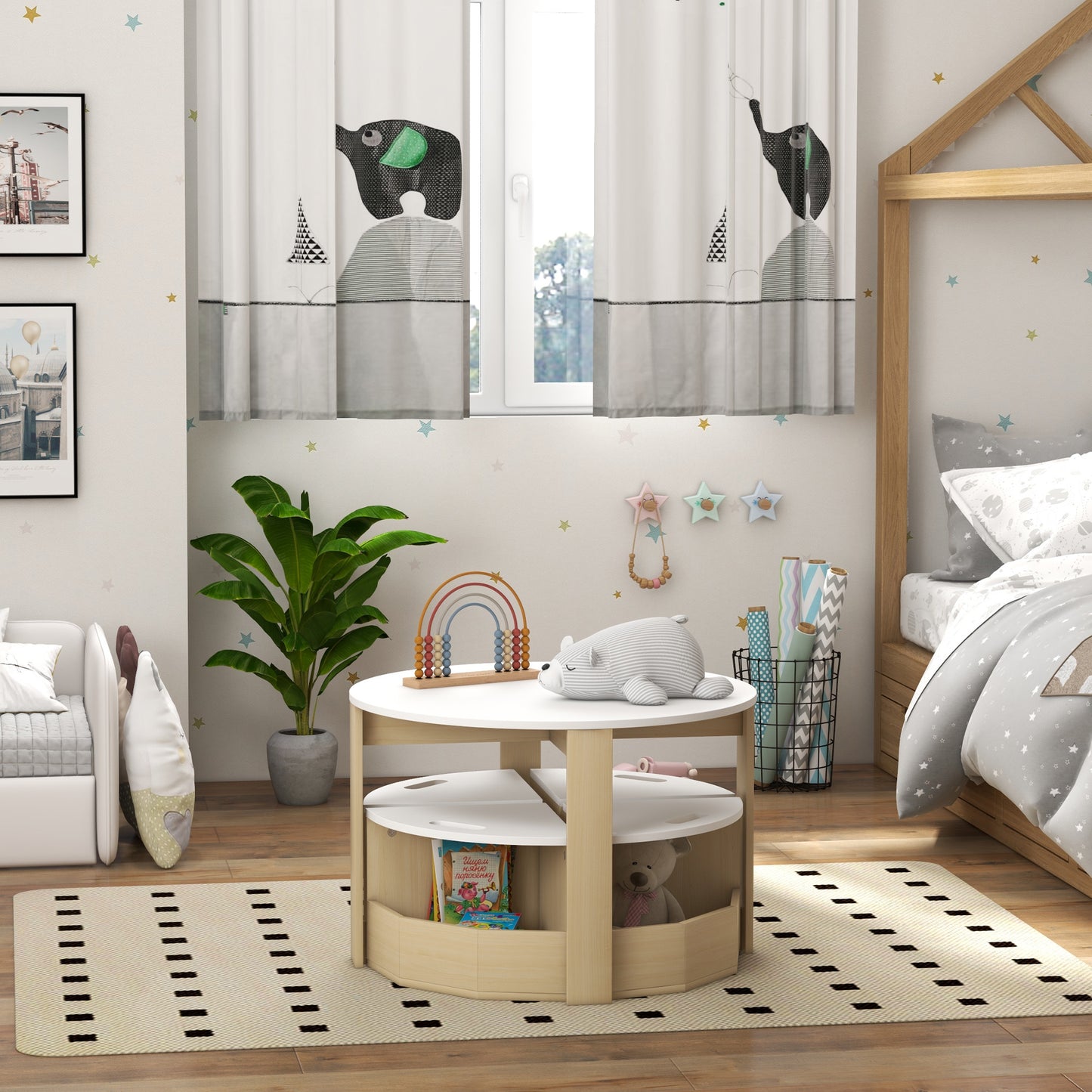 5 Piece Kids Table and Chair Set with Storage for Kids Room, White