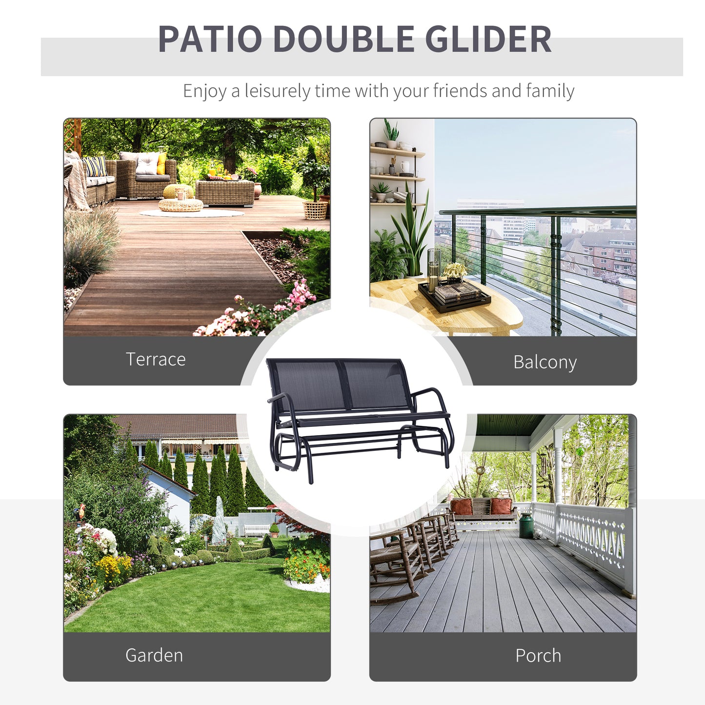 Patio Double Glider Bench Swing Chair Rocker Heavy-Duty Loveseat Outdoor Garden Rocking Bench Steel Frame Sling Fabric Seat Kids Crystal