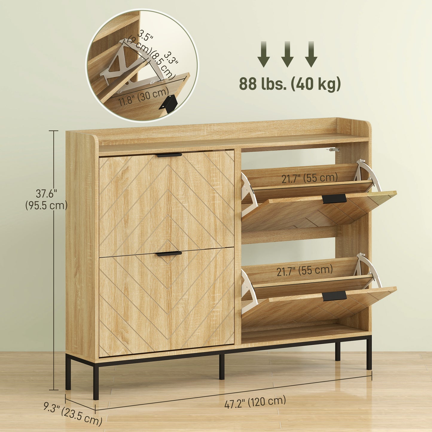 Narrow Shoe Storage Cabinet, Modern Slim Shoe Cabinet with 4 Flip Drawers, 16 Pairs of Shoes for Hallway, Entryway, Oak Kids Crystal