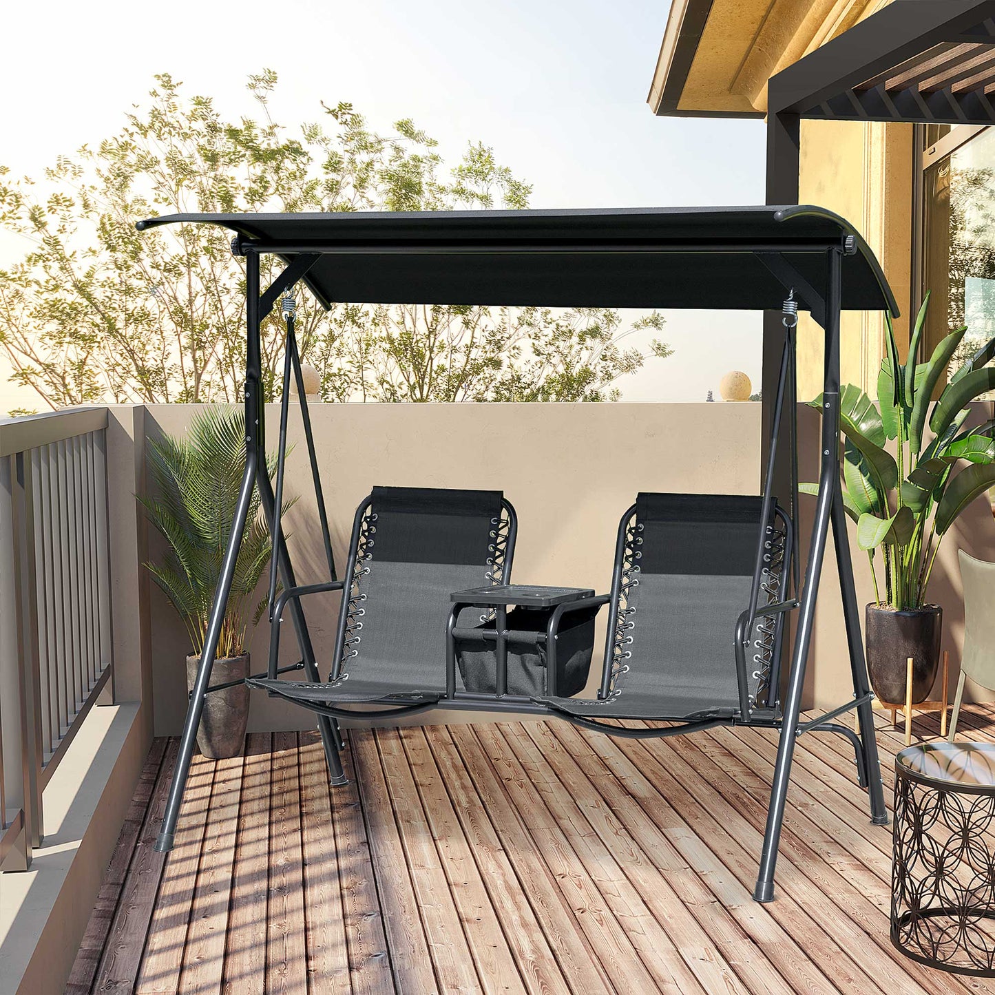 2 Person Covered Porch Swing Patio Swing with Pivot Storage Table, Cup Holder, & Adjustable Overhead Canopy, Black Kids Crystal