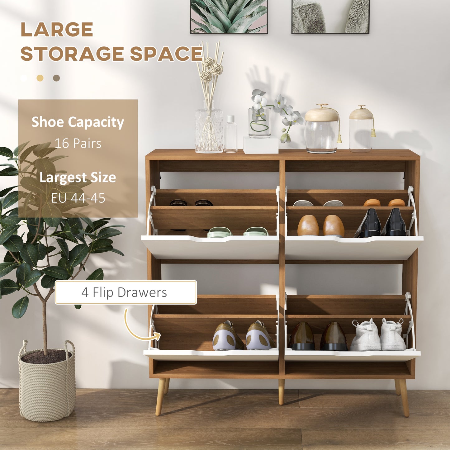 Shoe Sanctuary: Modern 4 Flip Drawer Cabinet with Adjustable Shelf, Organizer for 16 Pairs of Shoes, Entryway Storage Kids Crystal
