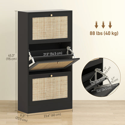 Rattan Shoe Cabinet: 3 Flip Drawers, Adjustable Shelves for 18 Pairs, Entryway/Hallway Organizer
