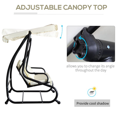 3 Seater Patio Swing Chair Convertible Cushioned Bed Outdoor Porch Backyard with Canopy and Pillow Cream White