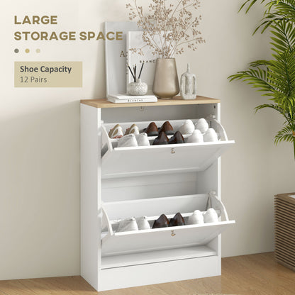 Slim Shoe Storage Cabinet, Modern Shoe Cabinet with 2 Flip Drawers and Adjustable Shelves for 12 Pairs, White