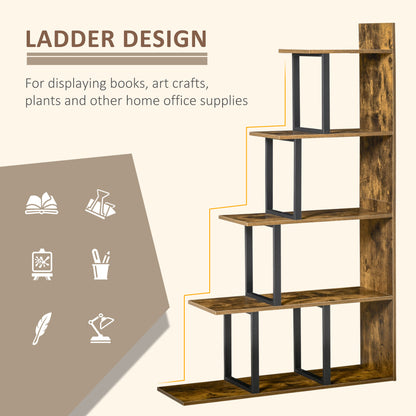 Rustic Ladder Chic: 5-Tier Industrial Wooden Bookshelf Display Stand Organizer, Rustic Brown for Living Room
