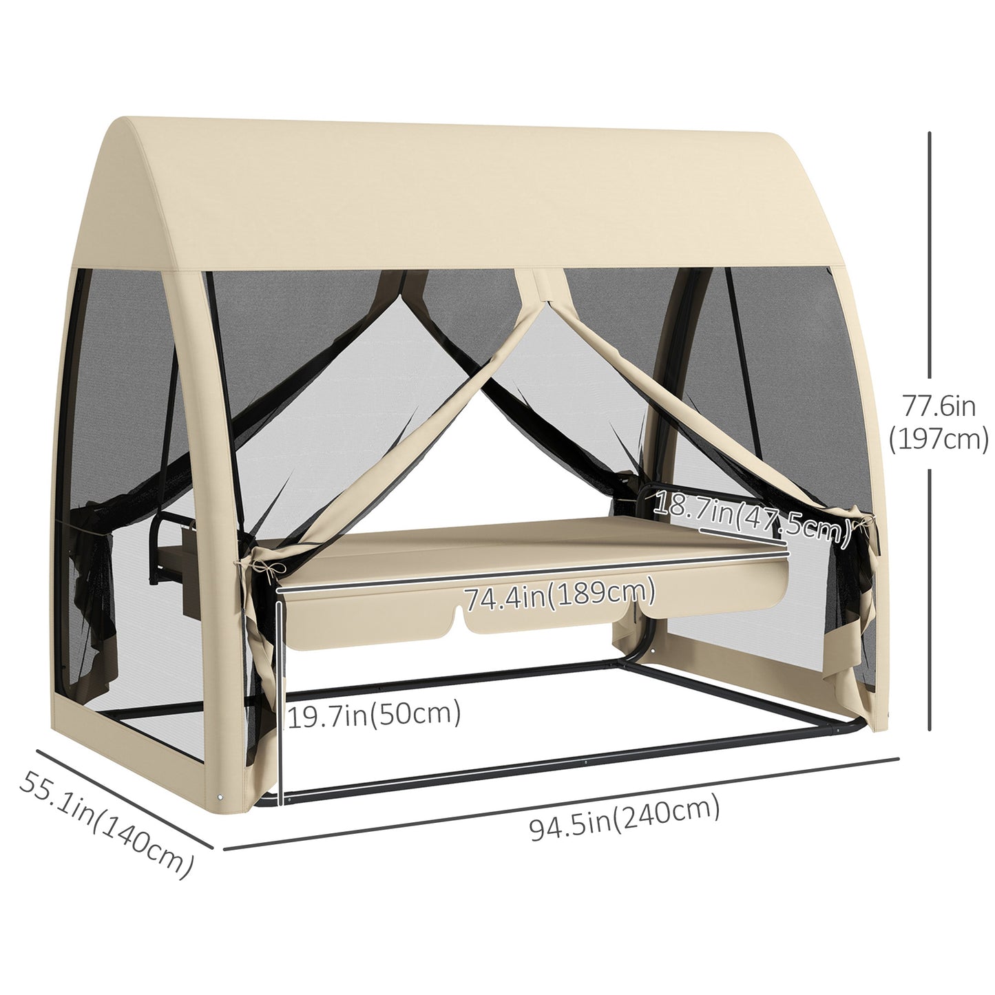3-Seater Outdoor Swing Chair Chaise Lounger Bed Garden Hammock with Steel Stand, Canopy Netting Walls, Coffee Kids Crystal
