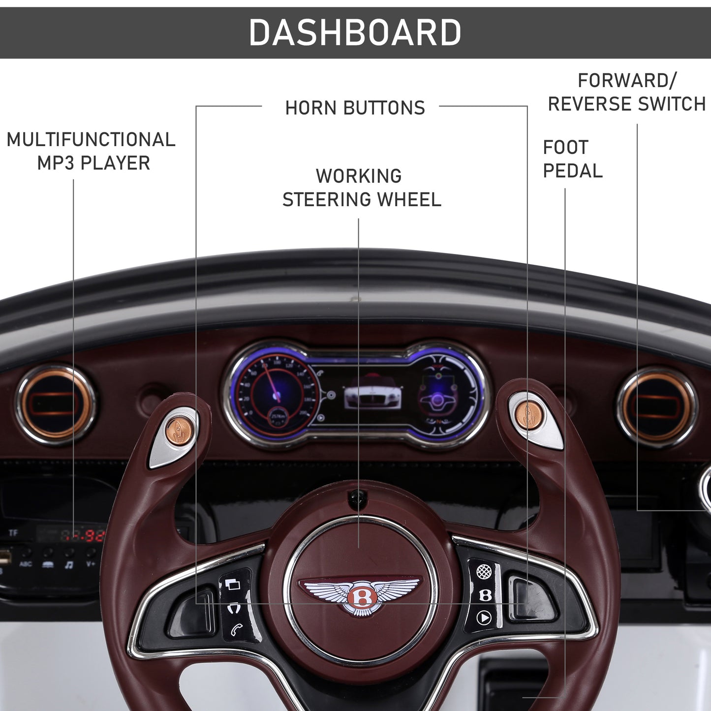 Licensed Bentley Ride-On Car: 12V, Electric, Battery Powered, Remote Control, 2 Speed, White Kids Crystal