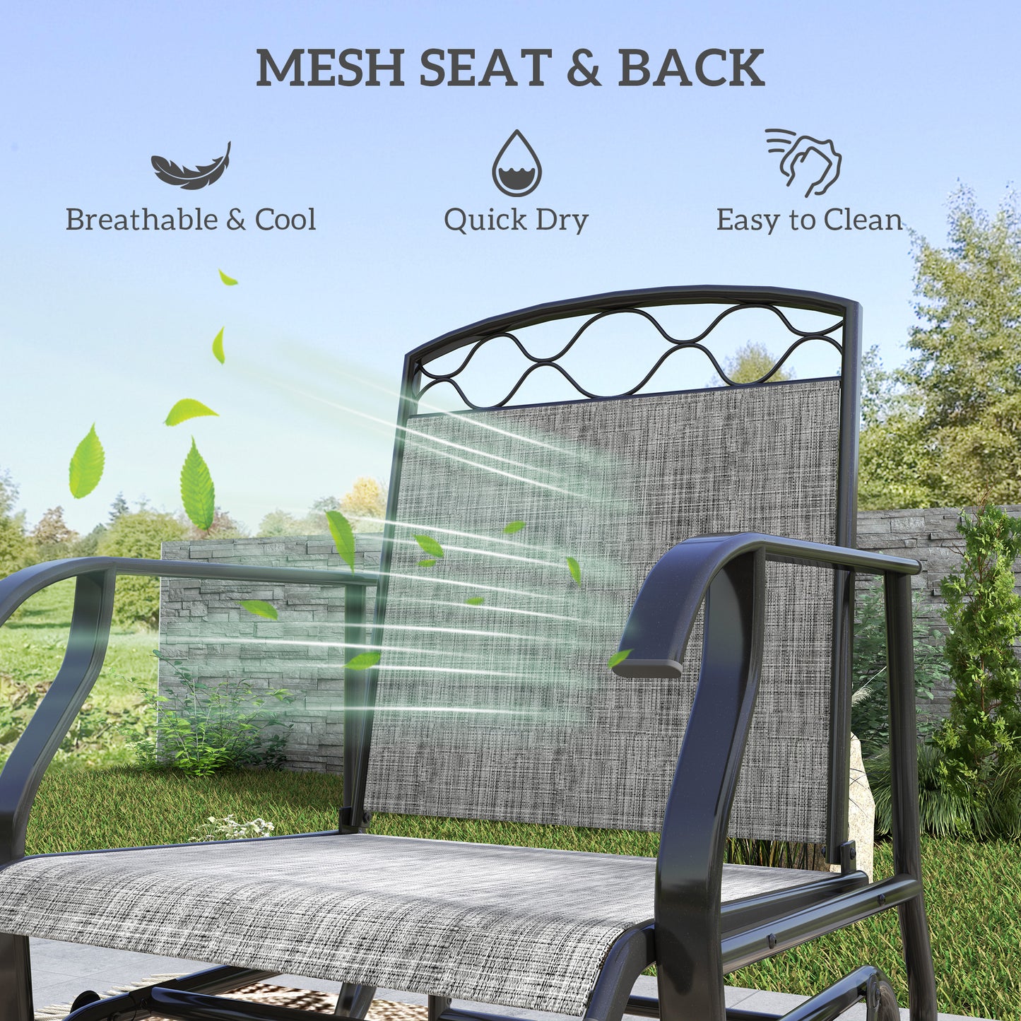 Outdoor Glider Chair Set of 2, Patio Swing Chair with Thickened Breathable Mesh Seat, High Back, Steel Frame, Grey Kids Crystal