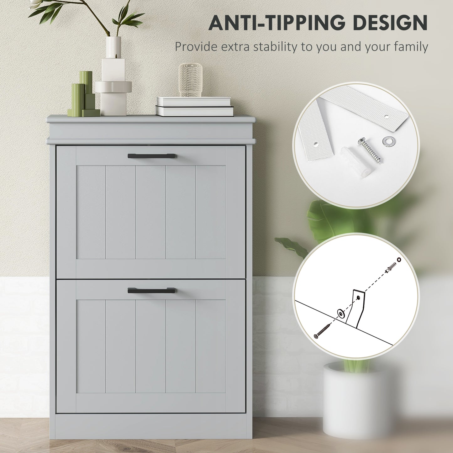 Shoe Storage Cabinet with 2 Flip Drawers and Adjustable Shelves, Narrow Shoe Cabinet for 10 Pairs of Shoes, Grey Kids Crystal