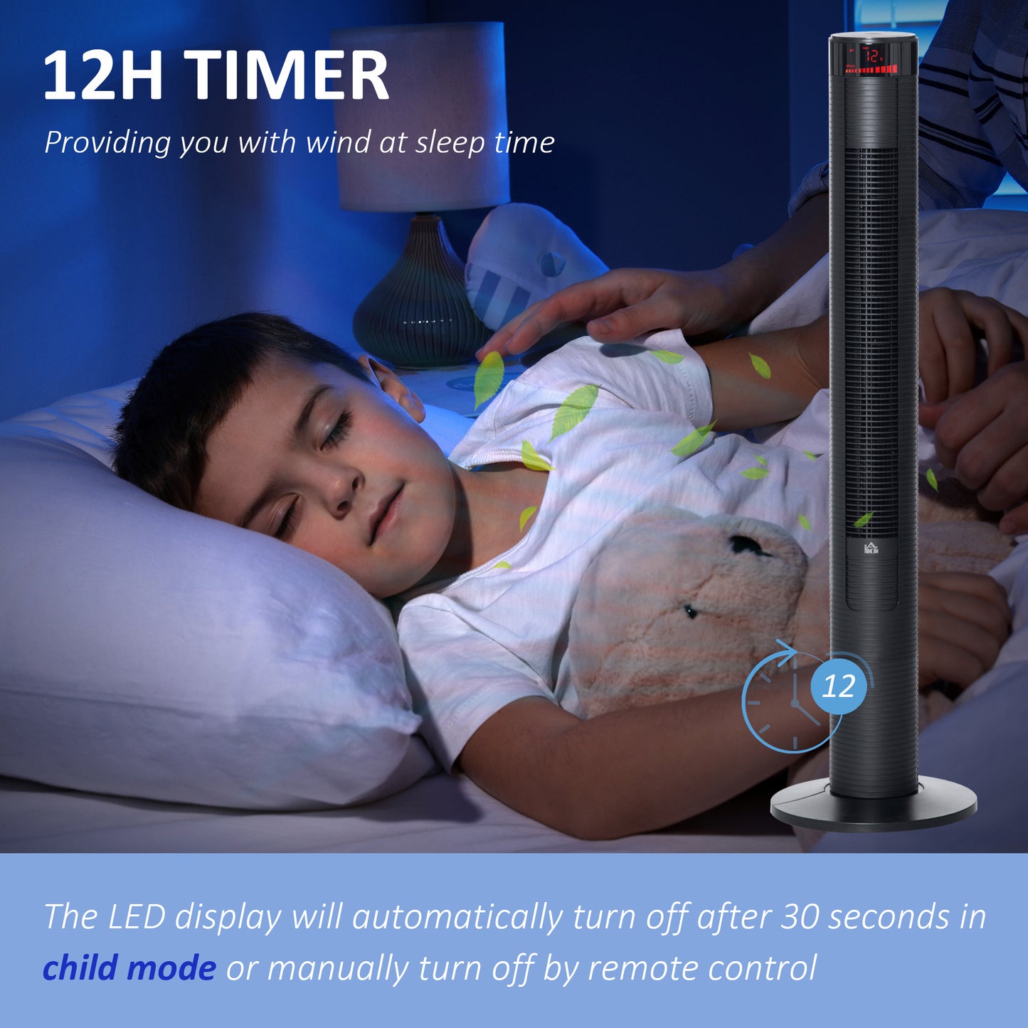 Tower Fan Freestanding Cooling 3 Speed Oscillating 12h Timer LED Remote Black for Home Bedroom Kids Crystal