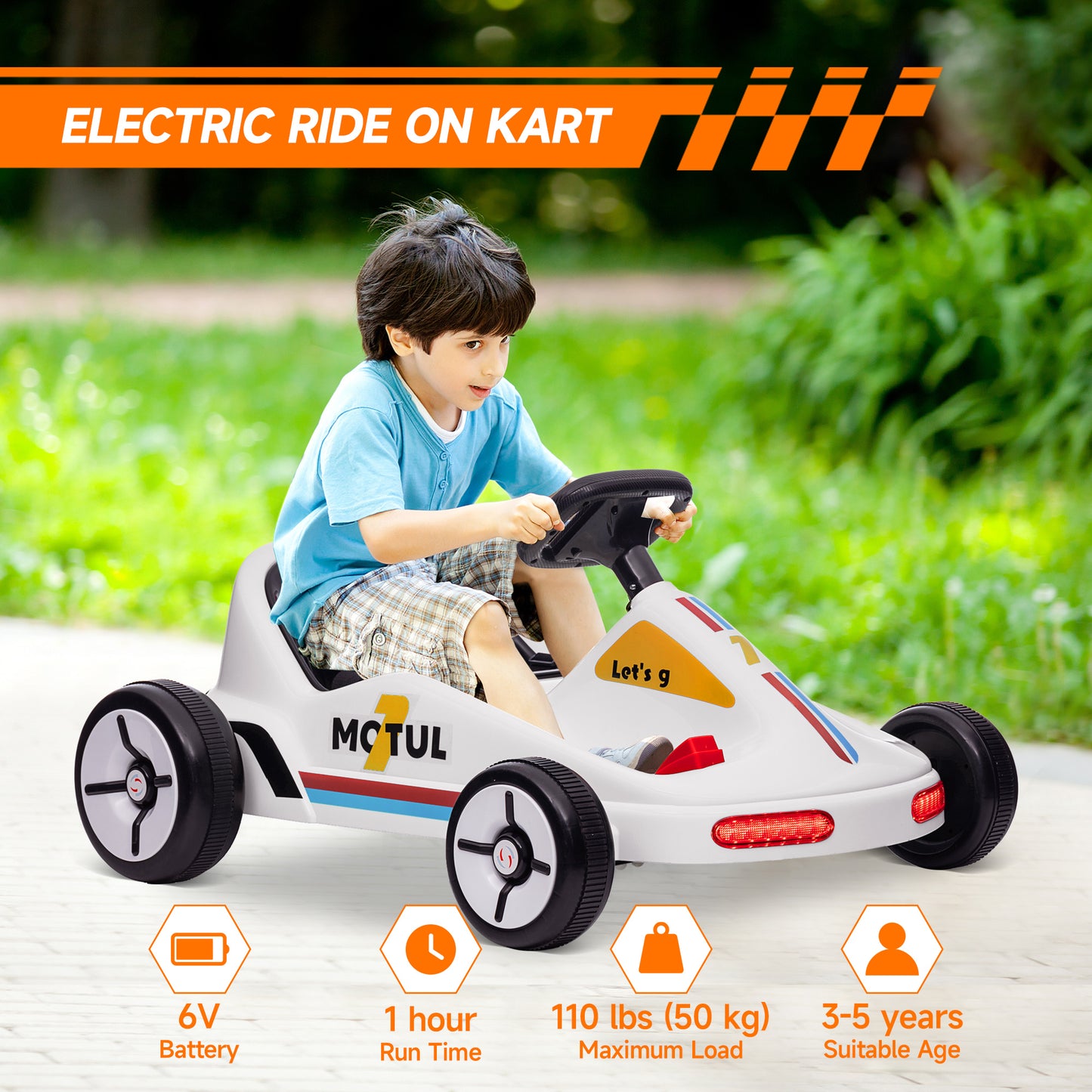 6V Electric Go Kart for Aged 3-5 Kids with Music, Light, Horn, White Kids Crystal