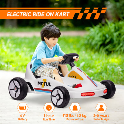 6V Electric Go Kart for Aged 3-5 Kids with Music, Light, Horn, White