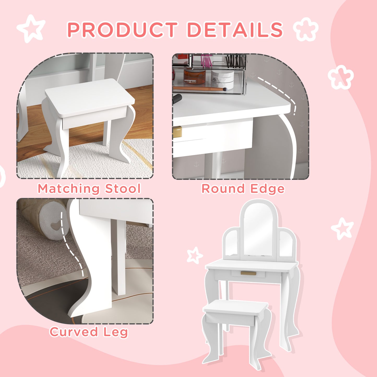 Kids Dressing Table and Chair Set, Girls Dressing Set, Makeup Desk with Drawer for 3-6 Years Old Kids, White Kids Crystal