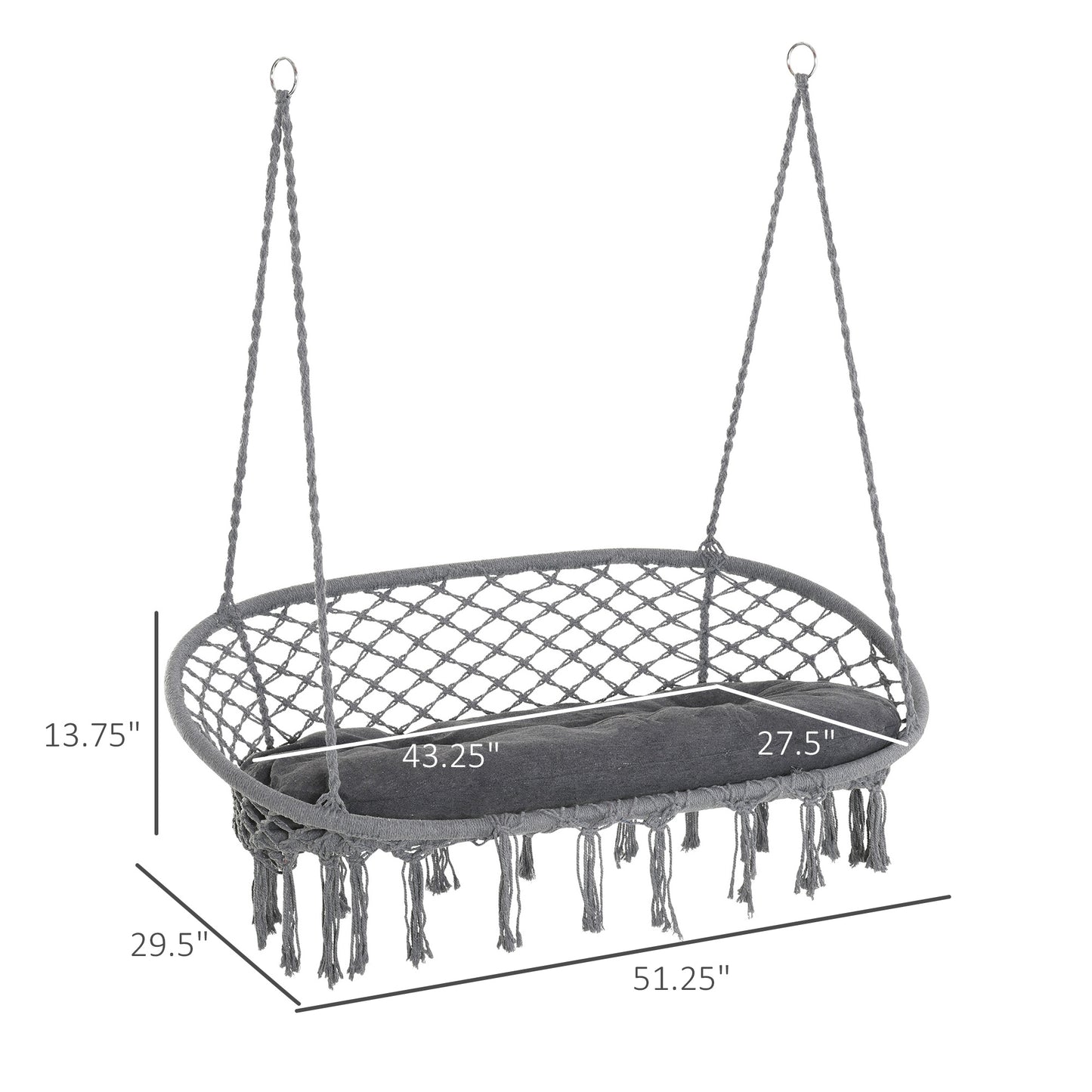 Hanging Chair 2 Seat Metal Swinging Hammock Chair with Cushion & Macrame Net Pattern 396 lbs Capacity Dark Grey Kids Crystal