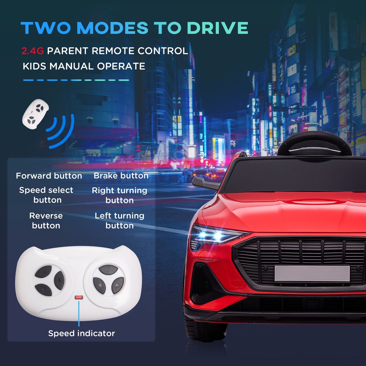 Kids Ride-On Audie Car: 12V Electric, Battery Powered, Remote Control, Safety Belt, Red Kids Crystal