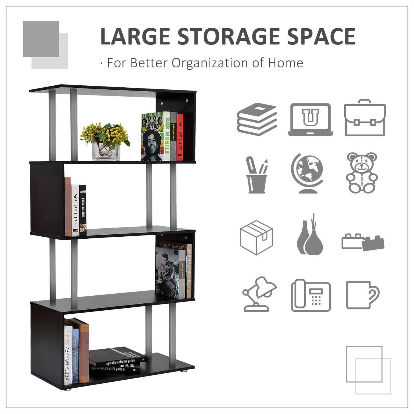 5-Tier Z-Shape Bookcase: Wooden Shelves with Steel Frame for Living Room, Bedroom, Office, Black Kids Crystal