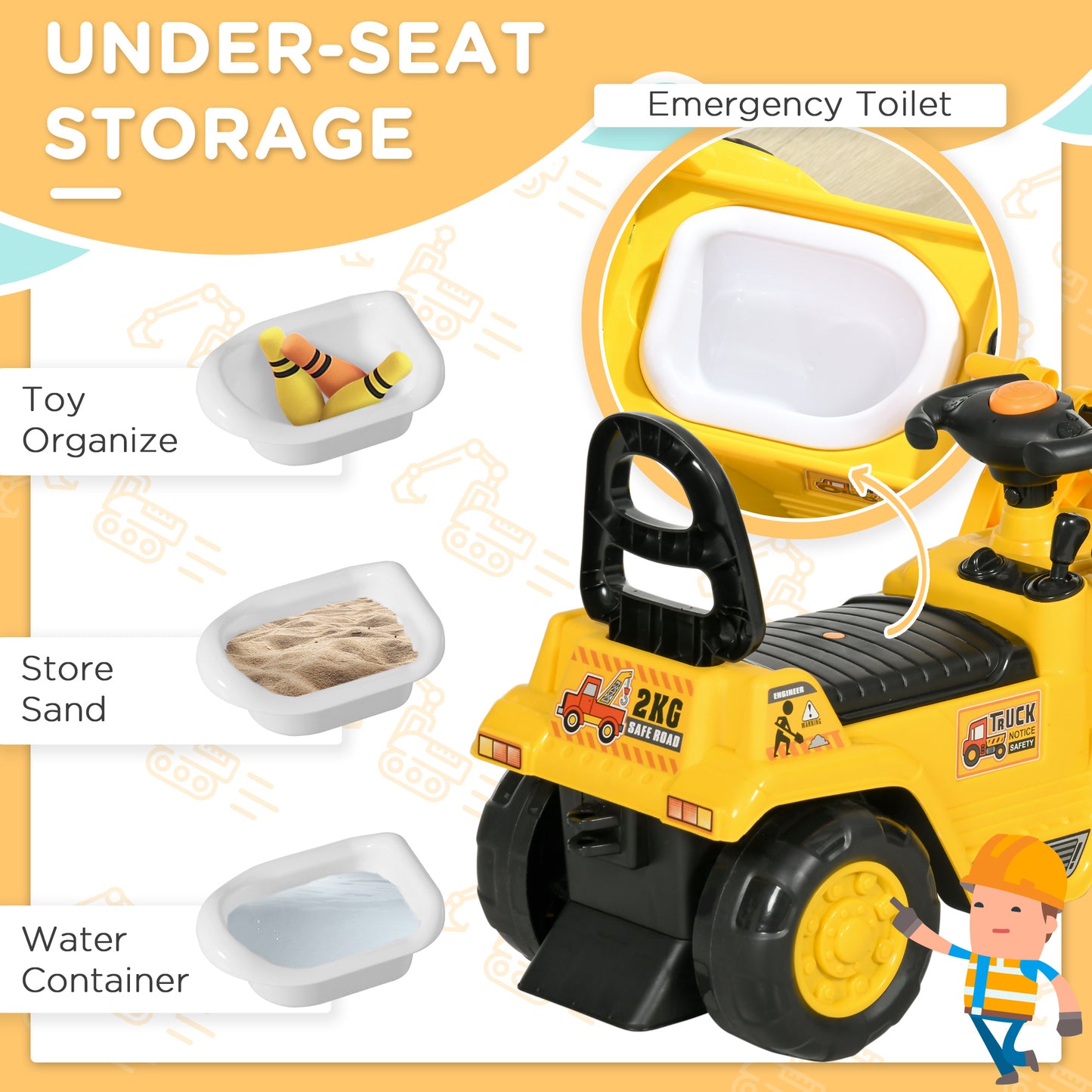 Kids Ride-On Bulldozer Toy with Excavator Bucket Horn Steering Wheel Under Seat Storage for Toddlers Yellow Kids Crystal