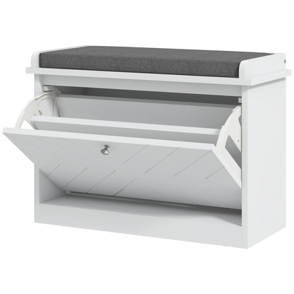 Entryway Shoe Bench with Storage Flip Drawer Adjustable Shelf for 6 Pairs Cushioned Hallway Bench White