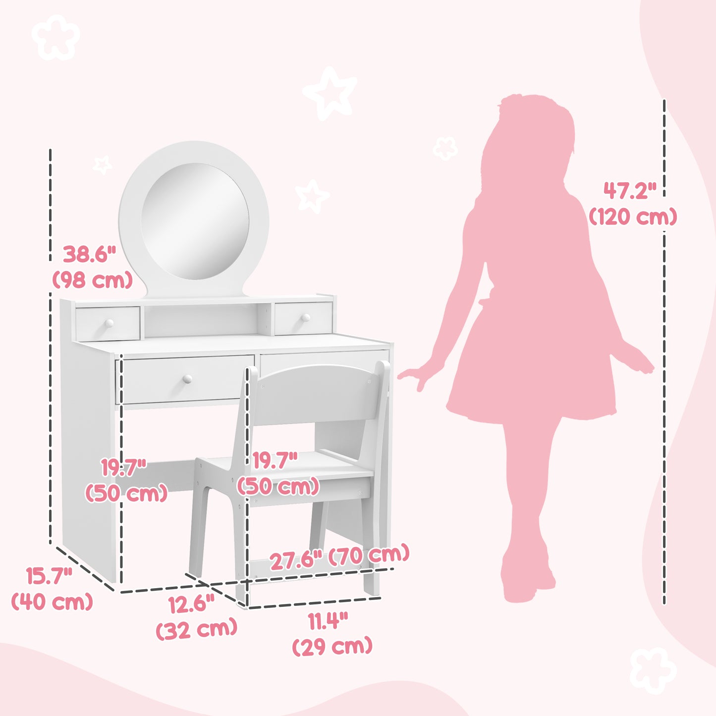 Kids Vanity Set, Children Makeup Table with Mirror, Stool and Storage Drawers, for Ages 3-8, White Kids Crystal