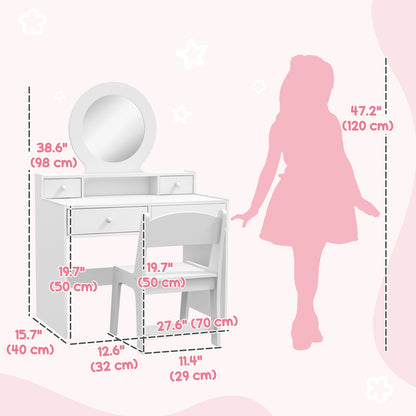 Kids Vanity Set, Children Makeup Table with Mirror, Stool and Storage Drawers, for Ages 3-8, White