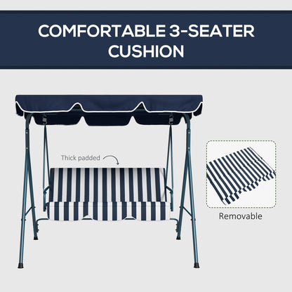 3-Seater Outdoor Porch Swing with Adjustable Canopy, Patio Swing Chair for Garden, Poolside, Backyard, Blue and White