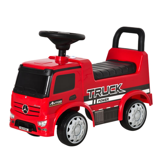 Mercedes-Benz Antos Licensed Kids Ride On Car, Foot to Floor Slider Baby Car with Steering Wheel, Horn, Headlight, Red Kids Crystal