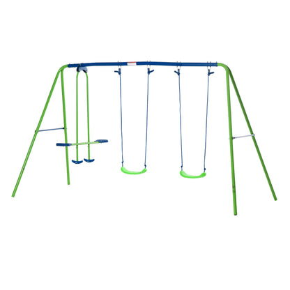 Swing Set for Kids with Glider, 2 Swing Seats, Heavy Duty A-Frame Metal Stand Outdoor Playground Playset, Green