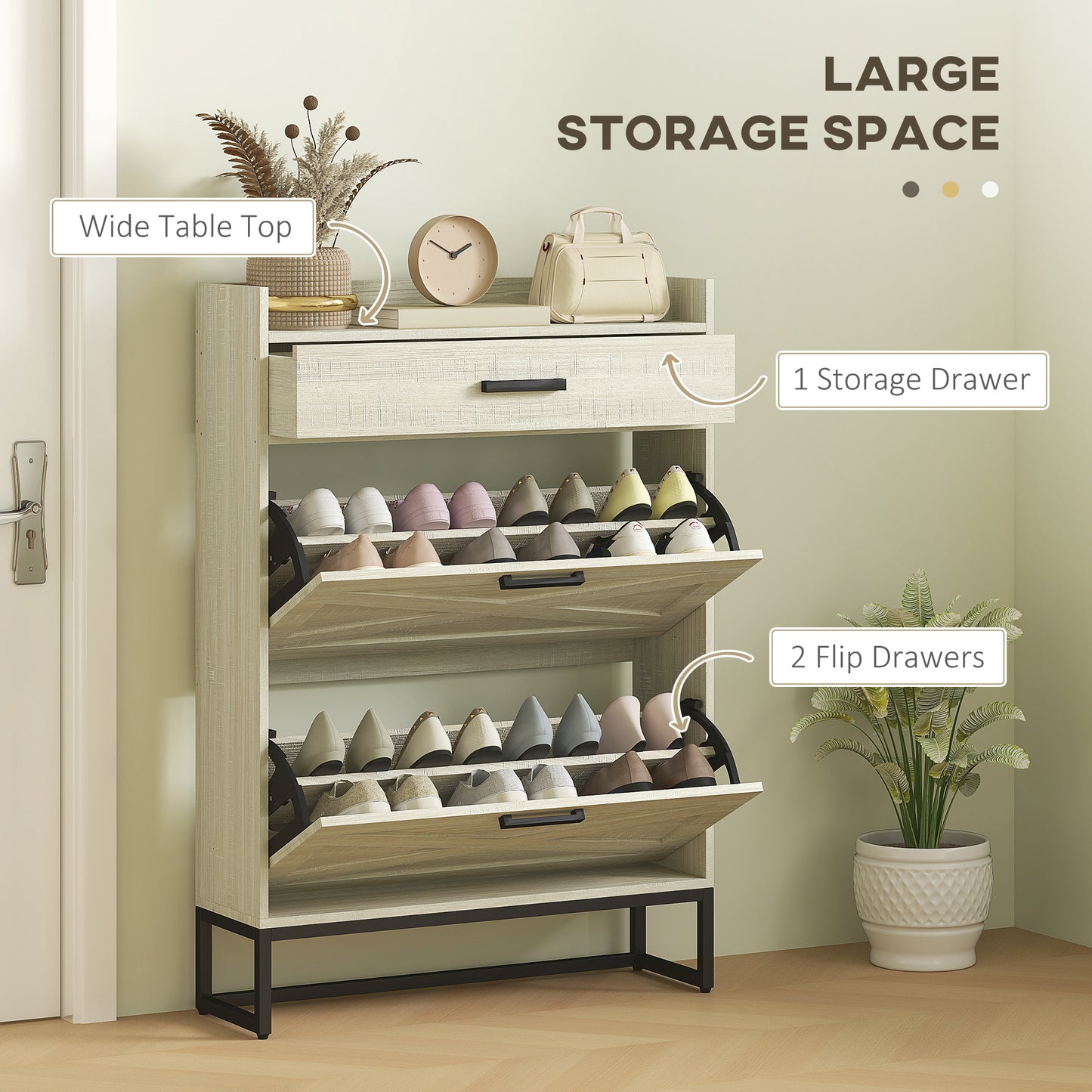 Narrow Shoe Cabinet Organizer with 2 Flip Drawers Adjustable Shelves for 12 Pairs Distressed White Kids Crystal