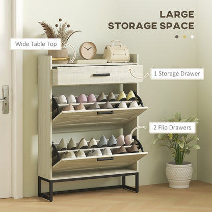 Narrow Shoe Cabinet Organizer with 2 Flip Drawers Adjustable Shelves for 12 Pairs Distressed White