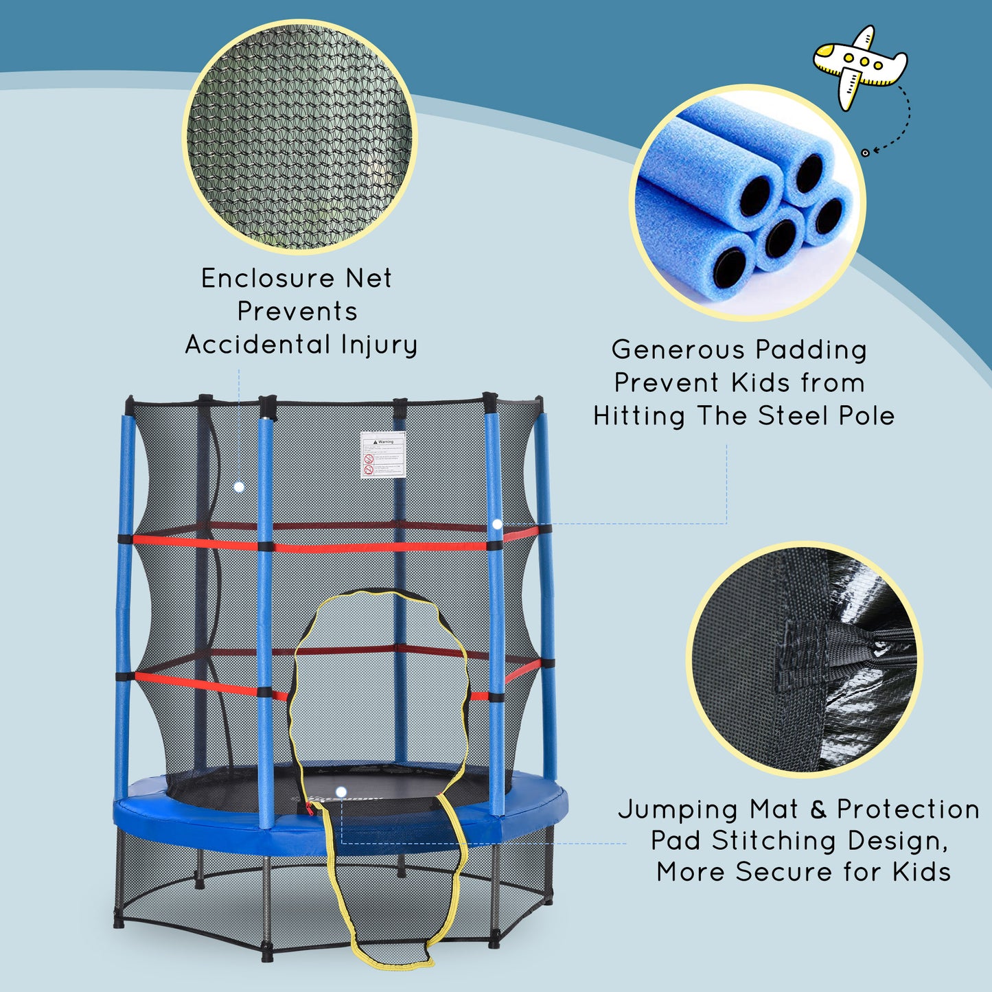 55" Kids Trampoline Enclosure Net Steel Frame Indoor Round Bouncer Rebounder 3-6 Years Blue Toy Kids Crystal