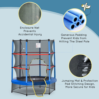 55" Kids Trampoline Enclosure Net Steel Frame Indoor Round Bouncer Rebounder 3-6 Years Blue Toy