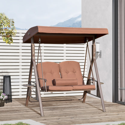 Outdoor 2-Person Patio Swing Chair Canopy Adjustable Shade Cushions Pillow Tray Brown
