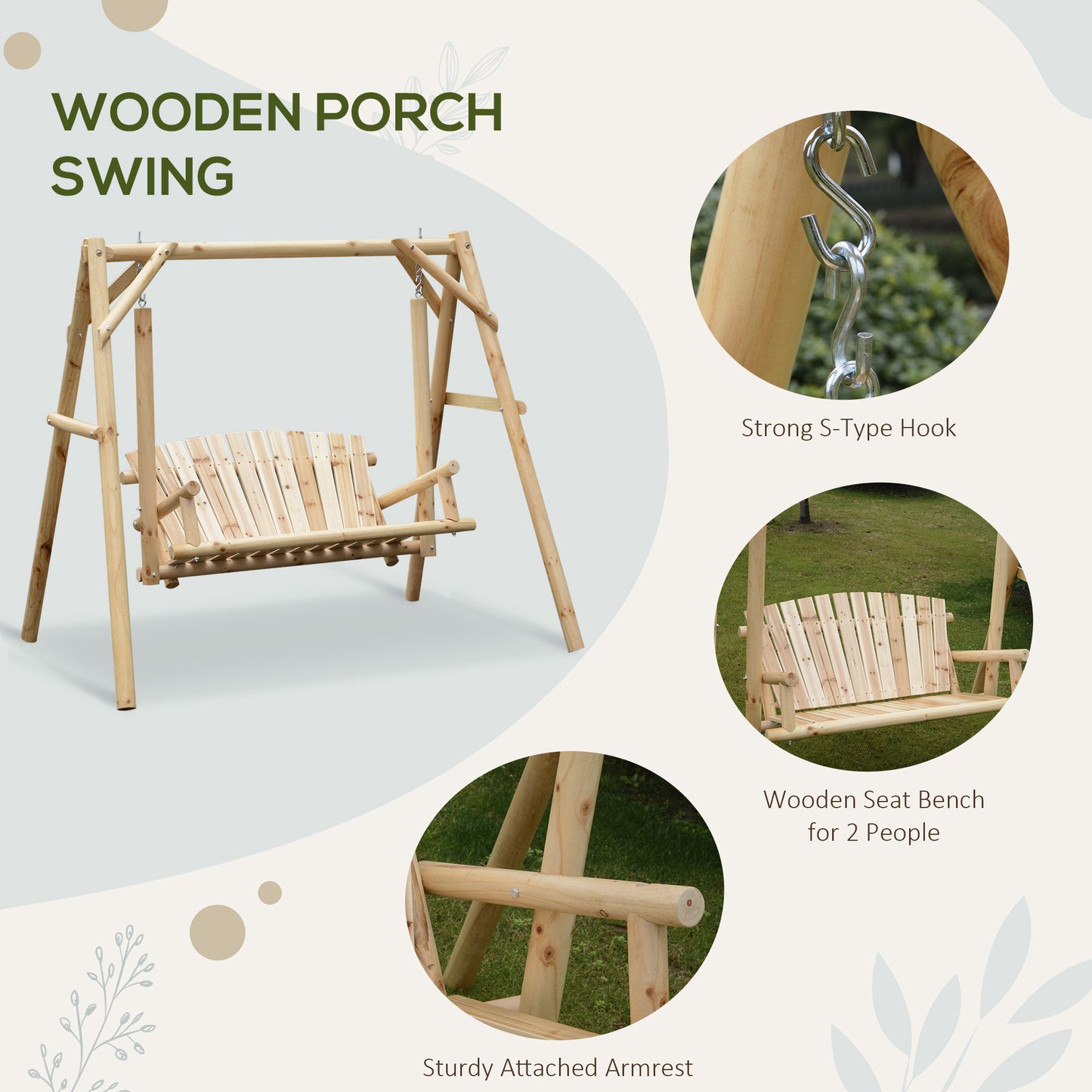 6.5ft Outdoor Loveseat, Wood Porch Swing for 2 Person, Freestanding Garden Swing, Comfortable Seating Kids Crystal