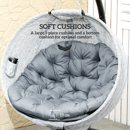 Egg Chair with Folding Basket, Outdoor Indoor Hanging Swing Chair with Stand, Cushions for Patio, Balcony, Grey