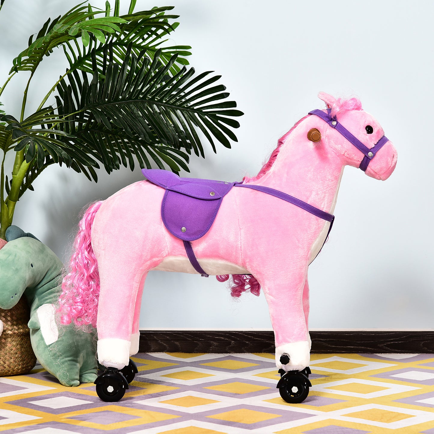 Pink Plush Pony Ride-On Toy for Kids - Rocking Horse with Neigh Sound & Wheels, 110lb Weight Limit Kids Crystal