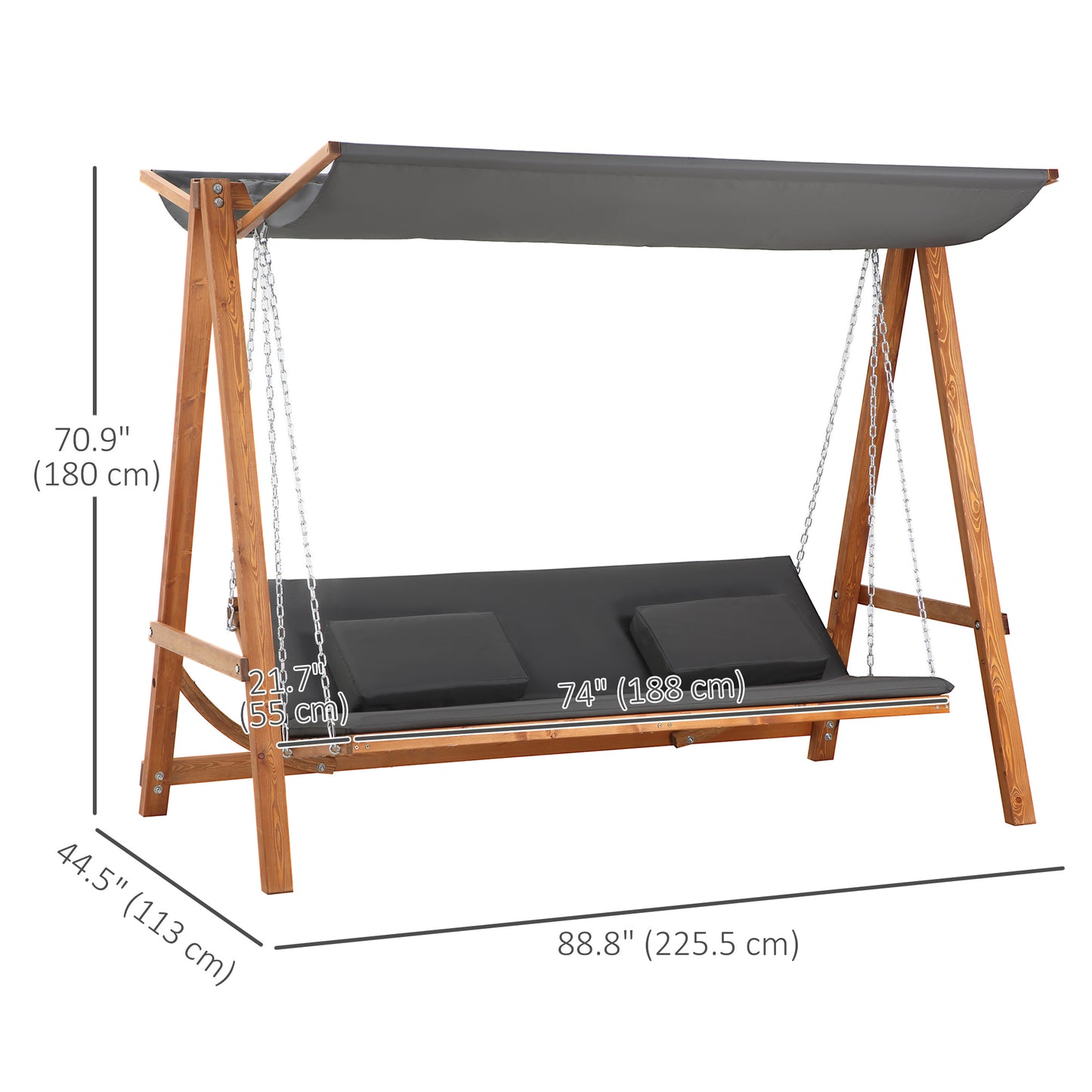 3 Seater Patio Swing Chair Convertible Cushioned Porch Swing Bed with Canopy, Wood Frame for Outdoor, Backyard, Garden