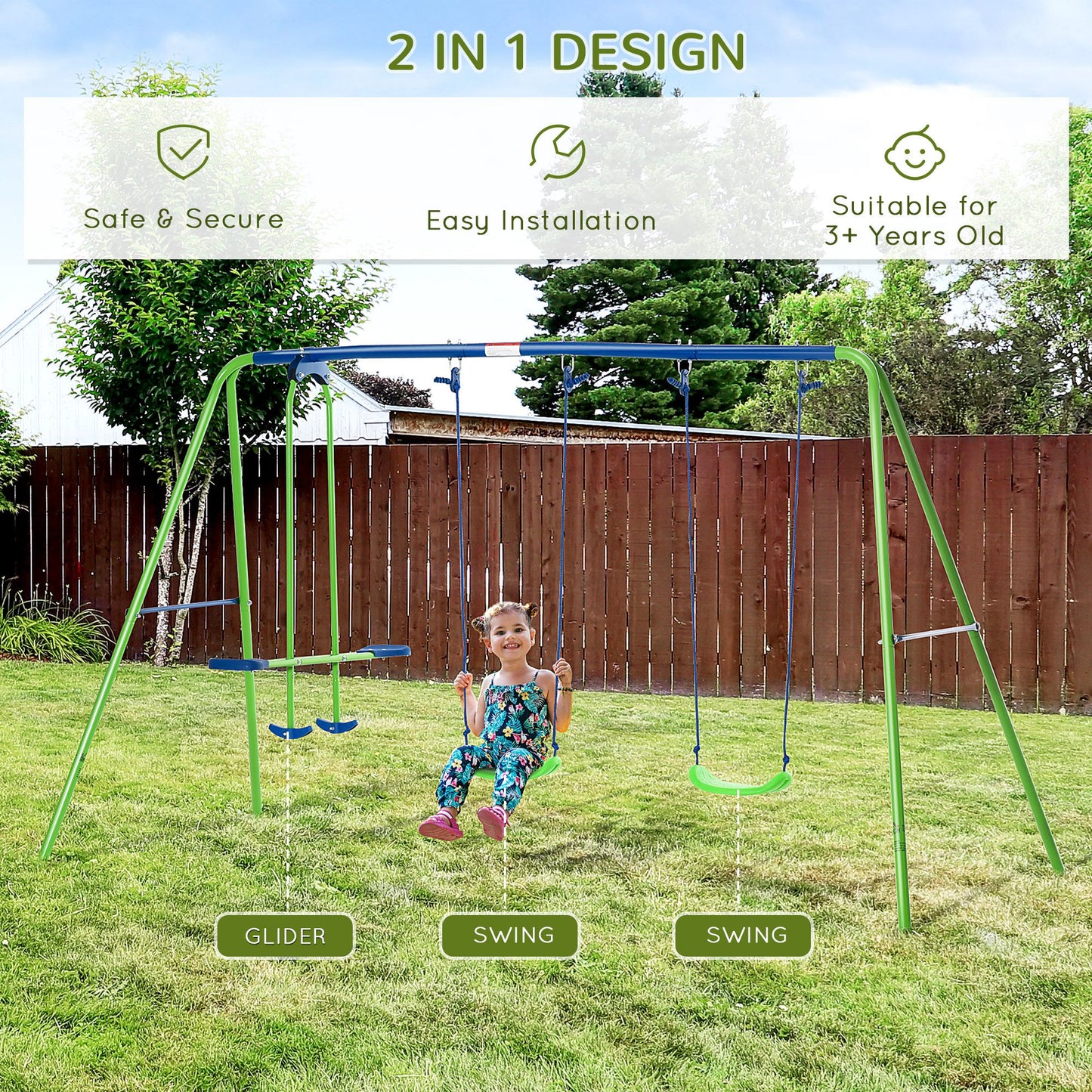 Swing Set for Kids with Glider, 2 Swing Seats, Heavy Duty A-Frame Metal Stand Outdoor Playground Playset, Green Kids Crystal