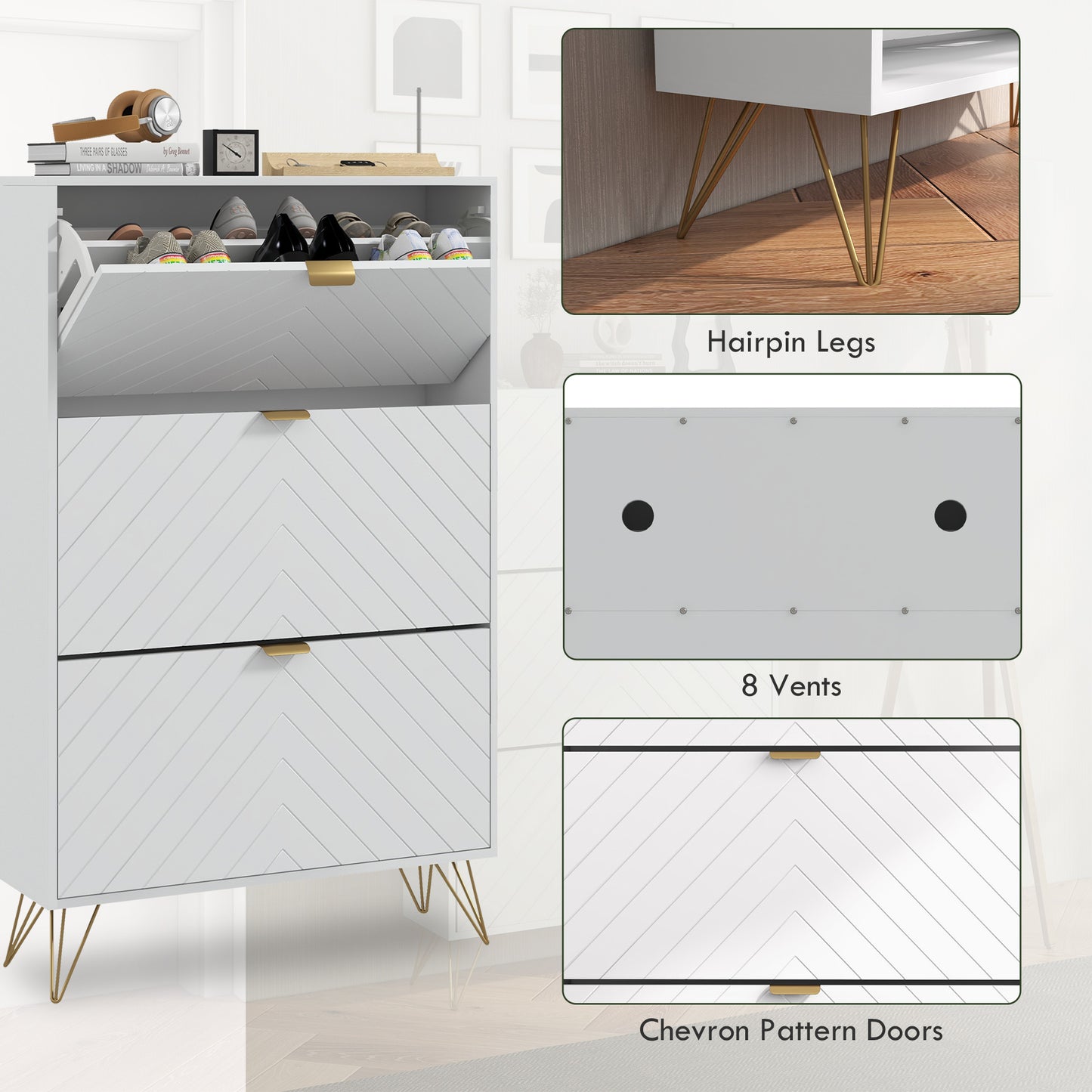 Shoe Sanctuary: Modern White Cabinet with 3 Flip Drawers, 8 Vents, Narrow Design for 18 Pairs, Entryway Organizer Kids Crystal