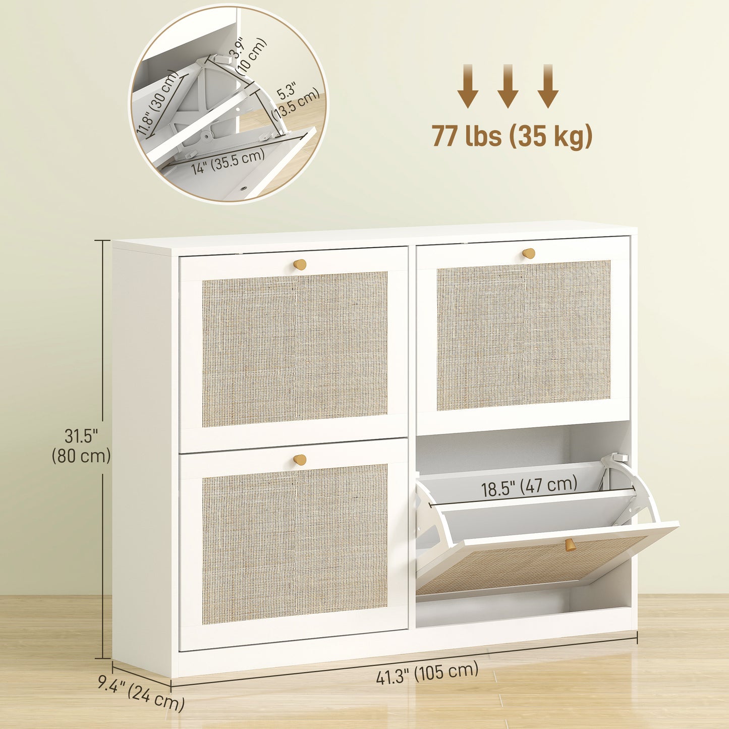 Narrow Shoe Storage Cabinet, Rattan Shoe Cabinet with 4 Flip Drawers and Adjustable Shelves for 20 Pairs, White Kids Crystal