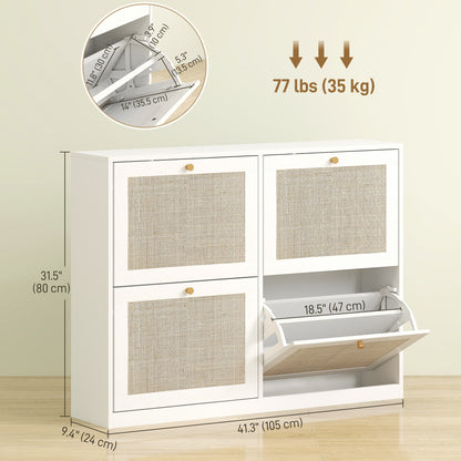 Narrow Shoe Storage Cabinet, Rattan Shoe Cabinet with 4 Flip Drawers and Adjustable Shelves for 20 Pairs, White
