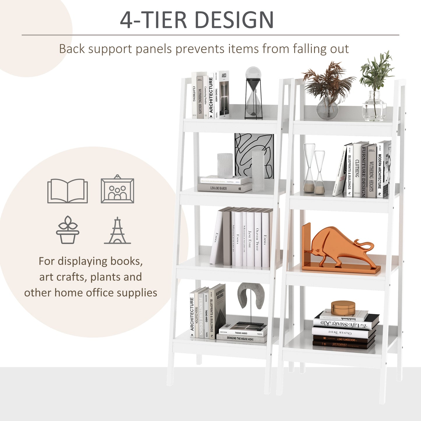 4 Tier Ladder Shelf Bookcase Set of 2 White Display Rack Storage Shelving Unit Flower Plant Stand Multi-Use Kids Crystal