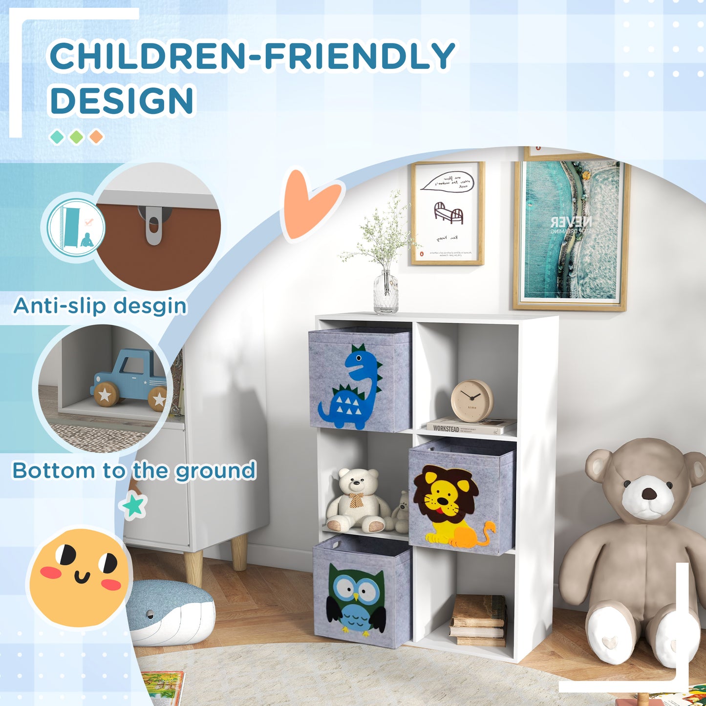 Toy Storage Organizer with 3 Nonwoven-Fabric Drawers for Childrens Room Playroom Hallway White Kids Crystal