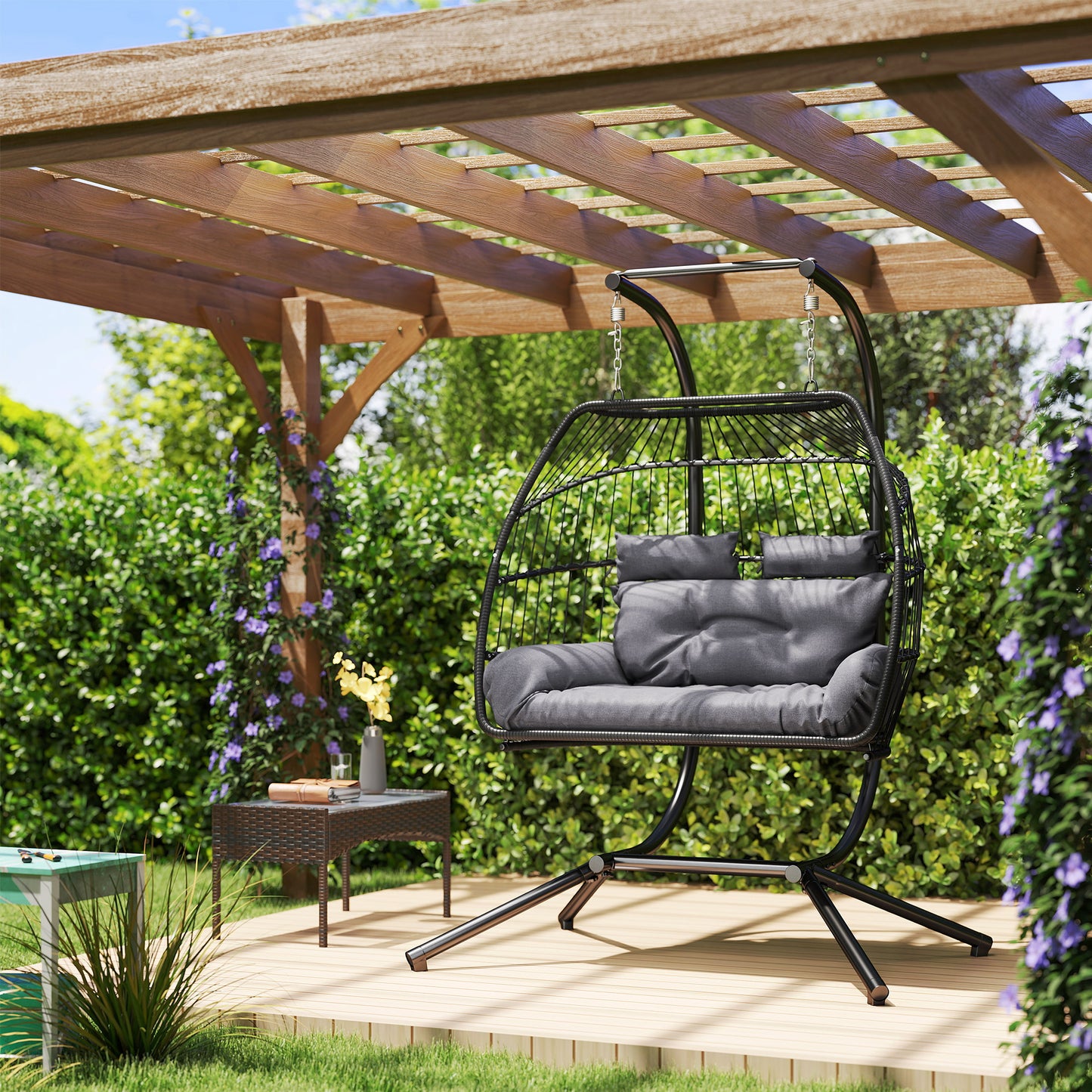 Double Wicker Egg Swing Chair with Stand, Foldable Hanging Egg Chair with UV Resistant Cushion, Headrest, Dark Grey