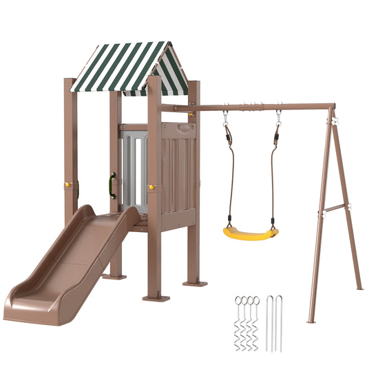 4-in-1 Kids Swing Set for Playground with Slide, Covered Fort, Climbing Ladder, Ground Stakes, for Kids Ages 3-8, Brown