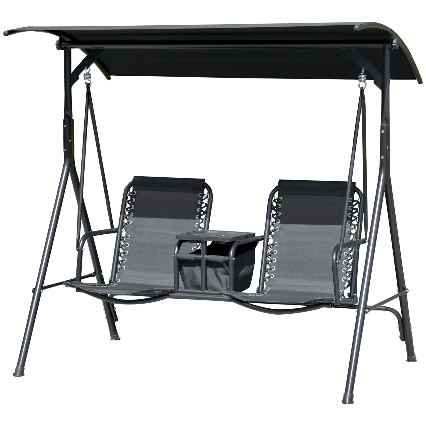 2 Person Covered Porch Swing Patio Swing with Pivot Storage Table, Cup Holder, & Adjustable Overhead Canopy, Black Kids Crystal