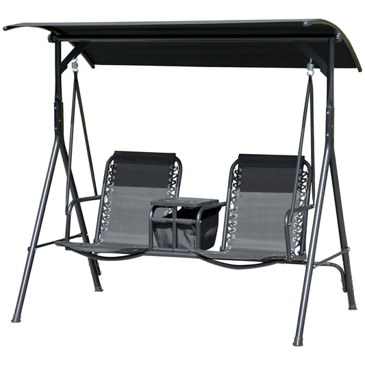 2 Person Covered Porch Swing Patio Swing with Pivot Storage Table, Cup Holder, & Adjustable Overhead Canopy, Black Kids Crystal