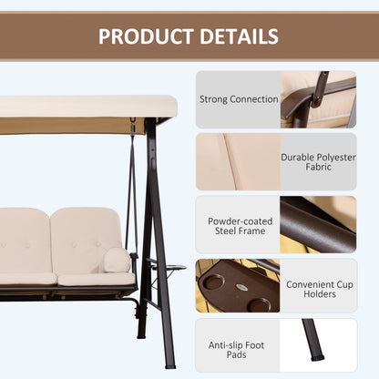 3 Seater Porch Swing Heavy Duty Outdoor Swing Chair Outdoor Lounge Hammock Cushioned Seat with Tilt Canopy, Beige