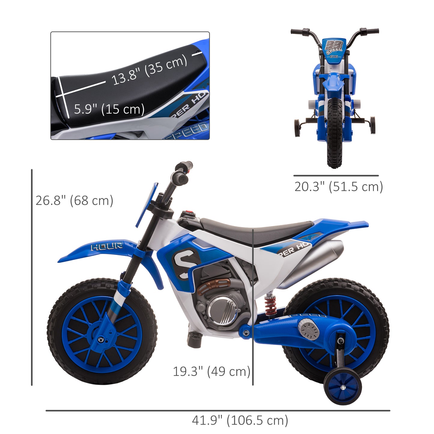 Kids Dirt Bike Electric Ride-On Motorcycle 12V Battery with Charging Training Wheels Blue Kids Crystal